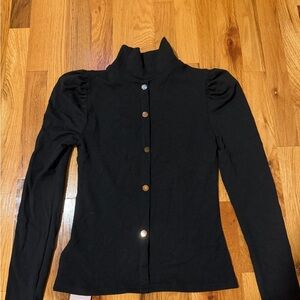 Women’s black turtleneck pull over with gold button design, size small.